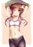  1girl armpits arms_up black_legwear blush brown_eyes brown_hair flat_chest highres idolmaster idolmaster_cinderella_girls long_hair ment navel one_eye_closed pantyhose parted_lips solo sports_bra sweat takamori_aiko undressing 