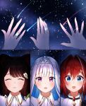  3girls :3 :d ^_^ ange_katrina animal_ears animal_hair_ornament blue_eyes blue_hair blush braid brown_hair closed_eyes colored_inner_hair column_lineup commentary_request crossed_bangs dog_ears drinking_glass_hair_ornament facing_viewer hachi_82 hair_between_eyes hair_intakes hair_ornament half_up_braid hand_focus highres inui_toko jewelry lize_helesta long_hair looking_at_viewer medium_hair multicolored_hair multiple_girls nijisanji nijisanji_idol_uniform open_mouth purple_eyes raised_inner_eyebrows red_hair ring sanbaka_(nijisanji) shooting_star silver_tiara sky smile star_(sky) starry_sky streaked_hair swept_bangs triangle_hair_ornament two-tone_hair virtual_youtuber white_hair 