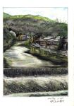  absurdres baden_hiroshi border building colored_pencil_(medium) commentary_request dated day highres hill kyoto landscape no_humans original outdoors real_world_location river scenery sky traditional_media water waterfall white_border 