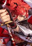  1girl baiken blood blood_on_weapon clenched_teeth eyepatch facial_mark guilty_gear hungry_clicker japanese_clothes katana long_hair obi pink_eyes pink_hair ponytail reverse_grip sash solo sword teeth weapon 