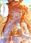 1girl animal_ears blue_sky blush brown_ribbon carrot closed_eyes commentary_request cup dress drinking_straw ear_ribbon food hair_between_eyes highres holding holding_cup horse_ears horse_girl long_hair long_sleeves mayano_top_gun_(casual)_(umamusume) mayano_top_gun_(umamusume) open_mouth orange_hair outdoors plaid_clothes plaid_dress ribbon sanbon_hijiki shirt sky sleeveless sleeveless_dress smile solo speech_bubble table two_side_up umamusume vest white_shirt yellow_vest 