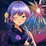  1girl absurdres aerial_fireworks atnamiret commentary_request fireworks floral_print floral_print_kimono glasses green_eyes hair_ornament heaven_burns_red highres izumi_yuki izumi_yuki_(stewartia_dazzling_noctilucent_star) japanese_clothes kimono looking_at_viewer one_eye_closed open_mouth pointing pointing_at_object print_kimono upper_body 