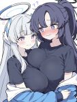  2girls ? @_@ asymmetrical_docking black_shirt blue_archive blue_jacket blush breast_on_breast breast_press breasts flustered gym_uniform hair_ornament halo high_ponytail highres hug jacket jacket_partially_removed large_breasts long_hair mechanical_halo multiple_girls nervous_smile noa_(blue_archive) official_alternate_costume official_alternate_hairstyle ponytail purple_eyes purple_hair shirt short_sleeves smile track_jacket upper_body wavy_mouth white_hair yrn_c2o yuri yuuka_(blue_archive) yuuka_(track)_(blue_archive) 