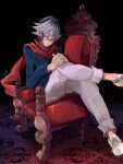  1boy akaba_reiji akisaki black_background blue_sweater chair colored_bangs crossed_legs facing_to_the_side glasses grey_hair hands_on_own_knee hands_on_own_legs head_tilt highres interlocked_fingers looking_to_the_side male_focus on_chair own_hands_together pants pants_rolled_up red-framed_eyewear red_scarf scarf shoes sneakers sweater white_pants white_shoes wooden_chair yu-gi-oh! yu-gi-oh!_arc-v 