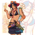  1girl :d abs adjusting_clothes adjusting_headwear arm_freckles armpit_crease bead_necklace beads belt belt_buckle belt_pouch biceps bikini bikini_top_only black_bikini black_eyes black_hair black_shorts blue_belt blush body_freckles border bracelet breast_freckles breasts buckle character_name cleavage collarbone commentary contrapposto cowboy_hat cowboy_shot curtained_hair dannymans66 deltoids elbow_blush english_commentary finger_heart fingernails fire freckles genderswap genderswap_(mtf) grin groin hand_on_weapon hand_up hat heart highres hip_bones jewelry log_pose looking_ahead looking_at_viewer looking_to_the_side medium_breasts medium_hair mosaic_background multiple_views navel necklace notice_lines one_piece orange_background orange_belt orange_hat orange_outline outline outside_border parted_hair portgas_d._ace pouch projected_inset sheath sheathed shiny_skin shorts shorts_rolled_up shoulder_freckles sideboob sideways_glance skull smile stomach_freckles swimsuit thick_eyebrows thigh_belt thigh_strap toned toned_female twitter_username upper_body white_border white_outline wolf_cut 