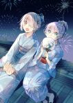  aerial_fireworks braid commentary_request fireworks floral_print floral_print_kimono glasses green_eyes hair_ornament hair_over_one_eye hairpin hand_fan heaven_burns_red izumi_yuki japanese_clothes kayamori_ruka kimono looking_at_object looking_to_the_side on_rooftop one_eye_covered open_mouth print_kimono red_eyes short_hair sitting sitting_on_object uyuki_(ouun) 