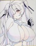  1girl absurdres armpit_cutout blush bodysuit breasts cinderella_(nikke) cleavage clothing_cutout colored_pencil colored_pencil_(medium) commentary_request gloves goddess_of_victory:_nikke hair_over_one_eye highres hisousakuya huge_breasts long_hair looking_at_viewer navel navel_cutout one_eye_covered pencil photo_(medium) red_eyes see-through_bodysuit see-through_clothes see-through_skirt shikishi shiny_eyes simple_background skirt smile solo stomach_cutout traditional_media twintails very_long_hair white_background white_bodysuit white_hair 