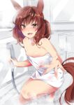  1girl animal_ears bad_hands blush breasts brown_hair collarbone commentary foreshortening grey_eyes highres holding holding_shower_head horse_ears horse_girl horse_tail long_hair medium_breasts mtu_(orewamuzituda) naked_towel nice_nature_(umamusume) open_mouth reaching_out red_hair shower_head solo steam tail towel umamusume white_towel 