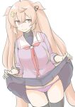  1girl akara_kai black_thighhighs blush breasts brown_eyes brown_hair cardigan clothes_lift cowboy_shot hair_between_eyes hair_flaps hair_ornament hair_ribbon hairclip heterochromia highres kantai_collection large_breasts lifting_own_clothes long_hair looking_at_viewer murasame_(kancolle) murasame_kai_ni_(kancolle) panties pink_cardigan pink_panties red_eyes ribbon school_uniform serafuku skirt skirt_lift solo sweatdrop thighhighs two_side_up underwear 