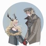  1boy 1girl antlers arknights bare_shoulders bear_boy black_bow black_hat black_horns black_jacket black_scarf blonde_hair blue_shirt botani_(arknights) bow chinese_commentary coat commentary_request cropped_torso deer_girl from_side fur-trimmed_jacket fur_trim fyodor_vladimirovich_(arknights) hat height_difference highres holding_hands horns jacket jacket_partially_removed long_hair looking_at_another off_shoulder profile scarf shirt xinjinjumin239481433972 