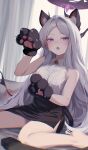  1girl animal_ears animal_hands bell black_horns black_skirt blue_archive blush cat_ears collared_shirt commentary_request demon_girl demon_horns fake_animal_ears gloves halo highres hina_(blue_archive) horns indoors long_hair multiple_horns neck_bell on_bed open_mouth paw_gloves pencil_skirt purple_eyes purple_halo shirt sitting skirt sleeveless sleeveless_shirt solo supic1711 very_long_hair wariza white_hair white_shirt 