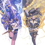  2girls absolution_(genshin_impact) antique_firearm ascot bare_shoulders black_corset black_flower black_gloves black_hat black_rose blonde_hair blue_ascot blue_cape blue_eyes blue_gem bodice breasts cape clorinde_(genshin_impact) commentary_request corset dress drill_hair drill_sidelocks epaulettes flower fold-over_gloves framed_breasts gem genshin_impact gloves gun hair_between_eyes hat hat_feather hat_flower holding jewelry lace-trimmed_collar lace_trim large_breasts long_hair long_hair_between_eyes maron_star multiple_girls navia_(genshin_impact) pantyhose pencil_skirt purple_ascot purple_eyes purple_hair rose ship's_wheel_ornament shirt sidelocks skirt smile strapless strapless_dress taut_clothes taut_shirt tricorne very_long_hair weapon white_gloves white_shirt yellow_flower yellow_rose 