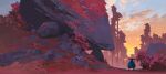  absurdres blue_cloak blurry cloak depth_of_field dusk facing_away highres ichimegasa japanese_clothes original outdoors red_leaf rock sky standing tree yu_yiming 