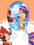  1boy 1girl ? android armor bandana beach bikini blue_bikini blue_eyes blunt_bangs blush bracelet breasts clenched_hands clenched_teeth commentary_request dark-skinned_female dark_skin forehead_jewel frown gloves green_eyes headgear helmet high_ponytail highres hime_cut holding_hands ishigaki_(sora_roxas) jewelry joints large_breasts layer_(mega_man) long_hair looking_at_another mega_man_(series) mega_man_x_(series) mega_man_x_dive mole mole_under_eye multicolored_bikini o-ring o-ring_bikini ocean official_alternate_costume ponytail purple_hair red_armor red_bandana red_helmet robot robot_ears robot_girl robot_joints shoulder_armor smile speech_bubble striped_bikini striped_clothes swimsuit swimsuit_layer_(mega_man) teeth thought_bubble two-tone_bikini white_gloves zero_(mega_man) 