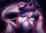  1girl absurdres ascot black_corset black_hat black_skirt breasts buttons capelet collar commentary corset curled_fingers dark_background english_commentary frilled_capelet frilled_shawl frills hagoromo hat hat_ribbon highres holding_shawl klabisot large_breasts lightning looking_to_the_side medium_hair nagae_iku pink_eyes pink_lips purple_hair red_ascot red_ribbon ribbon shawl shirt skirt smile solo touhou upper_body white_capelet white_collar white_shawl white_shirt wrinkled_fabric 