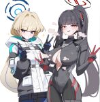  2girls black_hair blonde_hair blue_archive blue_eyes blue_halo blush bodysuit breasts bright_pupils center_opening commentary_request cowboy_shot double_v grey_bodysuit hair_intakes halo hands_up high_ponytail hood hood_down hooded_jacket jacket large_breasts long_hair long_sleeves looking_at_viewer multicolored_halo multicolored_jacket multiple_girls open_mouth partial_commentary ponytail raised_inner_eyebrows red_eyes rio_(armed)_(blue_archive) rio_(blue_archive) simple_background standing steam steaming_body sweat tay_(cdjk7758) toki_(armed)_(blue_archive) toki_(blue_archive) two-tone_halo two-tone_jacket v very_long_hair white_background white_pupils 