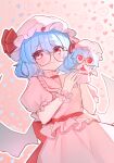  1girl 2091966 absurdres back_bow bat_wings bespectacled blue_hair blush bow chinese_commentary closed_mouth collared_shirt commentary_request fang fang_out frilled_shirt_collar frills glasses hand_puppet hat hat_ribbon highres looking_at_viewer medium_hair mob_cap pink_hat pink_shirt pink_skirt puffy_short_sleeves puffy_sleeves puppet red_bow red_eyes remilia_scarlet ribbon round_eyewear shirt short_sleeves skirt skirt_set smile solo touhou wings wrist_cuffs 