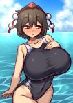  1girl absurdres alternate_costume black_hair breasts coffeelove68 gigantic_breasts hat highres one-piece_swimsuit pointy_ears pom_pom_(clothes) red_eyes shameimaru_aya solo swimsuit tengu tokin_hat touhou water 