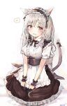  1girl animal_ears apron bell blush cat_ears cat_girl harune_rane highres maid maid_apron maid_headdress original silver_hair tail tail_bell tail_ornament twintails 