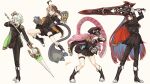  4girls :3 absurdres ahoge alternate_costume animal_ears arms_up black_boots black_jacket black_shorts black_skirt blue_hair boots brown_hair buttons cape cecilia_immergreen chattino_(raora_panthera) clenched_hands clenched_teeth colored_inner_hair commentary doll_joints double-breasted elizabeth_rose_bloodflame epaulettes finger_claws full_body gloves green_cape green_eyes green_hair grin hat highres holding holding_polearm holding_sword holding_weapon holojustice hololive hololive_english huge_ahoge jacket joints long_hair long_sleeves looking_at_viewer multicolored_hair multiple_girls panther_ears panther_girl panther_tail peaked_cap pink_eyes pink_hair pleated_skirt polearm raora_panthera red_eyes red_hair short_hair shorts shozoku simple_background skirt smile standing streaked_hair sword tail teeth thigh_strap thighs thorn_(elizabeth_rose_bloodflame) twintails two-handed_sword two-tone_hair v-shaped_eyebrows virtual_youtuber weapon white_background white_gloves white_hair white_streaks winding_key yellow_eyes 