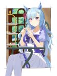  1girl absurdres animal_ears blue_hair blush bow bowtie braid breasts commentary_request crown_braid cup ear_ribbon elegant_(sumisumi4268) highres holding holding_cup horse_ears horse_girl horse_tail large_breasts long_hair looking_at_viewer mejiro_ardan_(umamusume) parted_lips pleated_skirt puffy_short_sleeves puffy_sleeves purple_bow purple_bowtie purple_eyes purple_shirt sailor_collar sailor_shirt school_uniform shirt short_sleeves sitting skirt smile solo tail teacup thighhighs tiered_tray tracen_school_uniform umamusume white_sailor_collar white_skirt white_thighhighs 