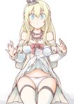  1girl akara_kai bare_shoulders blonde_hair blue_eyes braid clothes_lift commentary_request corset cowboy_shot crown dress flower half_up_braid highres jewelry kantai_collection long_sleeves mini_crown necklace off-shoulder_dress off_shoulder panties red_flower simple_background skirt skirt_lift solo surprised thighhighs underwear warspite_(kancolle) white_corset white_panties white_thighhighs 