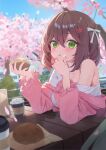  1girl :t absurdres blue_sky blush bow breasts brown_hair bun_(food) cheek_poking cherry_blossoms cleavage colored_inner_hair commentary cup disposable_coffee_cup disposable_cup double-parted_bangs elbows_on_table enokinoko1010 falling_petals fingernails flower_hairpin food food_on_face green_eyes hair_between_eyes hair_bow hand_on_own_cheek hand_on_own_face hands_up highres holding holding_food icing jacket jacket_partially_removed large_breasts long_sleeves looking_at_viewer medium_hair muffin multicolored_hair napkin open_clothes open_jacket original outdoors parted_lips petals pink_jacket pink_streaks poking railing shirt sidelocks single_bare_shoulder single_off_shoulder sky solo spring_(season) streaked_hair sunlight table tree two-tone_hair untranslatable_commentary upper_body white_bow white_shirt wooden_table 