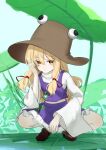  1girl animal_print blonde_hair brown_hat flat_chest frog_print hair_ribbon hat highres lily_pad loafers long_sleeves medium_hair moriya_suwako oeyama purple_skirt purple_vest red_ribbon ribbon shirt shoes skirt squatting touhou turtleneck vest white_shirt wide_sleeves yellow_eyes 