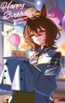  1girl agnes_tachyon_(tach-nology)_(umamusume) agnes_tachyon_(umamusume) ahoge animal_ear_piercing animal_ears balloon black_necktie black_shirt brown_hair cake cake_slice coat commentary earrings food hair_between_eyes happy_birthday highres holding holding_plate horse_ears horse_girl huge_ahoge jewelry lab_coat long_hair_between_eyes looking_at_viewer medium_hair necktie open_clothes open_coat plate red_eyes shi_draco shirt short_necktie single_earring sleeves_past_wrists smile solo umamusume white_coat 