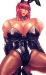  1girl absurdres animal_ears bare_shoulders biceps black_gloves black_leotard breasts cleavage collarbone commentary_request dark-skinned_female dark_skin elbow_gloves fake_animal_ears fishnet_pantyhose fishnets gloves green_eyes high_heels highleg highleg_leotard highres huge_breasts leotard lips lipstick looking_at_viewer makeup marisa_(street_fighter) muscular muscular_female pantyhose parted_lips playboy_bunny rabbit_ears red_hair shiny_clothes short_hair simple_background smile solo squatting strapless strapless_leotard street_fighter street_fighter_6 tan thighs white_background yellow_eyes zuman_(zmnjo1440) 
