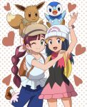  2girls :d arm_up bangs beanie black_legwear black_shirt blush boots bracelet braid braided_ponytail brown_headwear chloe_(pokemon) collarbone dawn_(pokemon) eevee eyelashes floating_hair flower gen_1_pokemon gen_4_pokemon green_eyes grey_eyes hair_flower hair_ornament hairclip hat heart hug hug_from_behind jewelry kneehighs long_hair looking_at_viewer looking_up multiple_girls onomekaman open_mouth pants pink_flower pink_skirt piplup pokemon pokemon_(anime) pokemon_swsh_(anime) scarf shirt short_sleeves skirt sleeveless sleeveless_shirt smile tongue upper_teeth white_headwear 