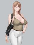  1girl bag belt blue_eyes breasts cameltoe cleavage collarbone commentary_request contrapposto cowboy_shot curvy grey_background hand_on_hip highres large_breasts light_brown_hair looking_at_viewer mole mole_on_breast o-ring office_lady original pants shisshou_senkoku shoulder_bag solo tight tight_pants tight_top white_pants 