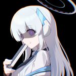  1girl backscratcher777 black_background blue_archive blue_necktie chromatic_aberration closed_mouth collared_shirt empty_eyes from_side headgear highres holding holding_notebook jacket jacket_partially_removed long_hair looking_at_viewer looking_to_the_side necktie noa_(blue_archive) notebook portrait purple_eyes shaded_face shirt simple_background smile solo white_hair white_jacket white_shirt 