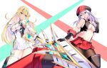  2girls absurdres aegis_sword_(xenoblade) alisa_ilinichina_amiella bangs bare_legs bare_shoulders blonde_hair breasts cabbie_hat chest_jewel cleavage cleavage_cutout clothing_cutout crossover daive dress earrings elbow_gloves gloves god_eater hat highres huge_weapon jewelry large_breasts long_hair multiple_girls mythra_(xenoblade) pantyhose short_dress skirt suspender_skirt suspenders swept_bangs thigh_strap tiara underboob very_long_hair weapon white_dress white_gloves xenoblade_chronicles_(series) xenoblade_chronicles_2 yellow_eyes 