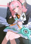  1boy 1girl :t absurdres aqua_streaks aria_(zenless_zone_zero) black_jacket black_pants bow commentary couch dress fingerless_gloves frilled_dress frills gloves green_eyes hair_bow hand_on_another's_cheek hand_on_another's_face hands_on_another's_arm headphones heart highres jacket multicolored_hair multiple_hair_bows on_couch on_lap pants pink_gloves pink_hair puffy_short_sleeves puffy_sleeves quad_tails short_sleeves shusuchii sitting_between_legs smile solo_focus spoken_heart streaked_hair thighs untranslatable_commentary wings wise_(zenless_zone_zero) zenless_zone_zero 