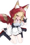  1girl absurdres animal_ears arknights arknights:_endfield black_gloves blonde_hair boots commentary_request dress fingerless_gloves gloves highres hood hood_up rossi_(arknights) simple_background sitting solo tail wariza white_background white_dress yellow_eyes zerotwenty_(020) 