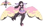  1girl artist_name black_hair black_shoes black_thighhighs closed_mouth commentary derivative_work english_commentary full_body high_heels highres japanese_clothes kimono long_hair long_sleeves looking_at_viewer momoiiroo official_art_inset official_art_redraw pink_kimono pokemon pokemon_x_and_y purple_eyes reference_inset shoes simple_background sketch sleeves_past_fingers sleeves_past_wrists smile solo thighhighs valerie_(pokemon) very_long_hair white_background wide_sleeves 