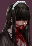  1girl black_dress black_hair blood blood_drip blood_on_clothes blood_on_face dress from_side grey_eyes highres hoshi_san_3 long_hair looking_down maid maid_headdress nosebleed open_mouth original red_background simple_background solo upper_body 