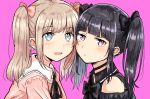  2girls absurdres betock black_hair blonde_hair blue_eyes blush bow choker commentary detached_sleeves ear_piercing frills hair_bow highres multiple_girls original piercing red_eyes smile twintails upper_body yuri 