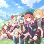  5girls :3 :d ahoge album_cover animal_ears animal_hood animal_print aramaki_scaltinof arm_up asymmetrical_legwear belt belt_collar beret black_choker black_coat black_hat blonde_hair blue_bow blue_eyes blue_hair bodice boots bow bracelet braid brown_hair bug butterfly butterfly_on_ear chieru_(princess_connect!) chloe_(princess_connect!) choker clenched_hand closed_eyes closed_mouth coat collar cover cow_hood cow_print day elf english_text flower friendship_club_(princess_connect!) frills fur-trimmed_mittens fur_trim gloves grass green_necktie hair_ornament hair_ribbon hat highres holding_hands hood hooded_coat jewelry kneehighs logo long_sleeves looking_at_viewer looking_up lying mahiru_(princess_connect!) midriff mismatched_legwear mittens mountainous_horizon multiple_girls navel necktie official_art on_back on_ground one_eye_closed open_mouth orange_hair outdoors parted_lips pink_bow pink_hair plaid_clothes plaid_skirt pointy_ears princess_connect! red_mittens ribbon rin_(princess_connect!) school_uniform scrunchie short_hair single_thighhigh sitting skirt smile socks squirrel_ears squirrel_girl st._theresa's_girls_academy_school_uniform star-shaped_pupils star_(symbol) star_hair_ornament star_in_eye symbol-shaped_pupils symbol_in_eye thighhighs twintails wide_sleeves wrist_scrunchie wristband yellow_eyes yuni_(princess_connect!) 