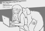 animal_genitalia bestiality blattarieva bodily_fluids breasts canid canine canis computer digital_drawing_(artwork) digital_media_(artwork) domestic_dog duo duo_focus electronics english_text female female_on_feral feral from_behind_position fur genitals greyscale group hair happy human human_on_feral implied_orgasm internet interspecies knot knotted_penis knotting laptop long_hair male male/female mammal monochrome mounting penetration penis sex tail tears tears_of_pain tears_of_pleasure text typing x-ray_view