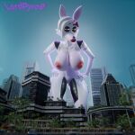 1:1 abs accessory anthro artist_name bedroom_eyes big_breasts black_eyelids blue_sky bow_ribbon breasts building canid canine city female five_nights_at_freddy's five_nights_at_freddy's_2 fox genitals hair hair_accessory hair_bow hair_ribbon hands_on_hips leaning leaning_forward lips lipstick looking_at_viewer looking_down looking_down_at_viewer low-angle_view lpyro9 machine macro makeup mammal mangle_(fnaf) muscular muscular_female narrowed_eyes nipples nude nude_anthro nude_female outside ribbons robot scottgames seductive segmented_body sky small_waist solo standing text thick_lips thick_thighs vulva white_body white_hair wide_hips yellow_eyes