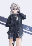  1girl absurdres alter_kamerade an-94 an-94_(girls'_frontline) an-94_(mod3)_(girls'_frontline) aqua_eyes artist_name assault_rifle black_gloves black_hairband black_jacket blonde_hair breasts closed_mouth commentary_request defy_(girls'_frontline) feet_out_of_frame girls'_frontline gloves grey_shorts gun hairband hand_in_own_hair highres holding holding_gun holding_weapon jacket light_blush light_smile long_hair long_sleeves looking_at_viewer open_clothes open_jacket ponytail rifle shorts simple_background small_breasts solo standing thigh_strap weapon white_background 