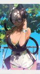  1girl :p animal_ears bag bangs belt black-framed_eyewear black_hair blue_eyes breasts cat_ears cat_tail choker cleavage day glasses highres large_breasts looking_at_viewer multicolored_hair original outdoors sakuhiko short_hair solo swept_bangs tail tank_top tongue tongue_out two-tone_hair watch white_hair wristwatch 