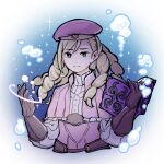  1boy :| beret blonde_hair blue_background book brown_gloves brown_hair brynhildr_(tome) bubble capelet casting_spell closed_mouth commentary_request dot_nose drill_hair elbow_gloves fire_emblem fire_emblem_fates forrest_(fire_emblem) gloves gradient_background green_eyes hat highres holding holding_book holding_weapon looking_at_viewer nnmr_7164 pink_capelet pink_hat pink_shawl pink_shirt quad_drills shawl shirt short_hair_with_long_locks turtleneck two-tone_shirt weapon white_background white_sleeves white_trim 