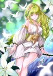  1girl absurdres afk_arena bird breasts cleavage flora_(afk_arena) flower green_hair hanasawa_(pixiv53877974) highres long_hair looking_at_viewer solo white_flower 
