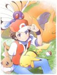  1boy baseball_cap blue_pants blush border brown_eyes brown_hair butterfree charizard closed_mouth collarbone commentary_request eevee gen_1_pokemon grass hand_up hat jacket looking_at_viewer male_focus nagi_(exsit00) on_head pants pikachu poke_ball poke_ball_(basic) pokemon pokemon_(creature) pokemon_(game) pokemon_frlg pokemon_on_head shirt short_hair short_sleeves sitting smile spiked_hair white_border wristband 