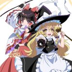  2girls apron arm_up ascot black_gloves black_hat black_skirt black_vest blonde_hair bow braid broom brown_eyes brown_hair chest_sarashi commentary_request detached_sleeves fingerless_gloves frilled_bow frilled_hair_tubes frills gloves gohei hair_bow hair_tubes hakurei_reimu hat hat_bow holding holding_broom holding_gohei holding_ofuda kirisame_marisa kochiya_sanae long_hair mini-hakkero multiple_girls nacchi723 ofuda open_mouth purple_bow red_bow red_skirt ribbon-trimmed_sleeves ribbon_trim sarashi side_braid single_braid skirt skirt_set smile teeth touhou upper_teeth_only very_long_hair vest waist_apron white_apron white_bow witch_hat yellow_ascot yellow_eyes 