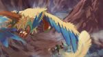  archeops blurry closed_mouth fang fang_out feathers flying fog gen_4_pokemon gen_5_pokemon looking_back luxray no_humans pn_(ltpn_257) pokemon pokemon_(creature) shinx standing swimming talons water 