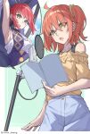  2girls absurdres ahoge ancient_greek_clothes armpits bare_shoulders black_horse blue_sky book braid breasts bun_with_braided_base chiton choker cloud cloudy_sky commentary_request fate/grand_order fate/strange_fake fate_(series) fujimaru_ritsuka_(female) goddess_of_war_(fate) greco-roman_clothes hair_bun hair_ribbon hand_up highres hippolyta_(fate) holding holding_book horse looking_at_viewer looking_down multiple_girls open_mouth orange_hair outdoors pelt_of_the_divine_beast_(fate) presenting_armpit red_hair ribbon sekine_akira shirt short_hair sidelocks sky solo stola toukan twitter_username voice_actor_connection yellow_eyes yellow_shirt 